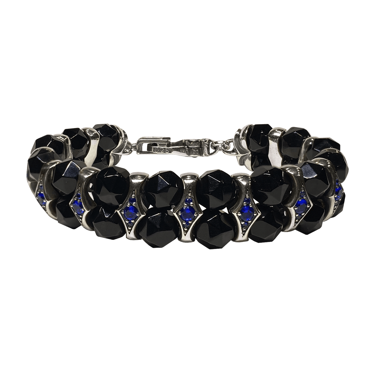 Мужской серебряный браслет Glam Black Gems с бусинами агата и вставками синей шпинели