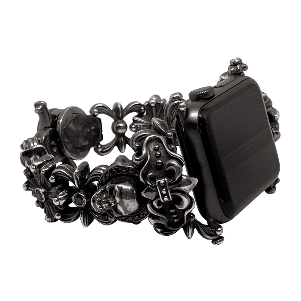 Серебряный браслет для Apple Watch с черепами и лилиями